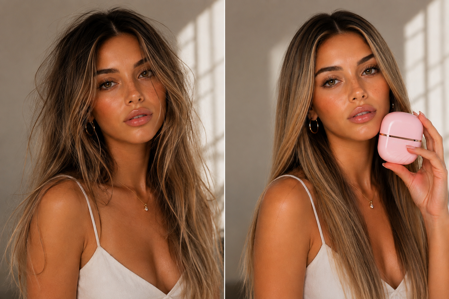 Before and after using Shailyne heated hair brush for smoother hair
